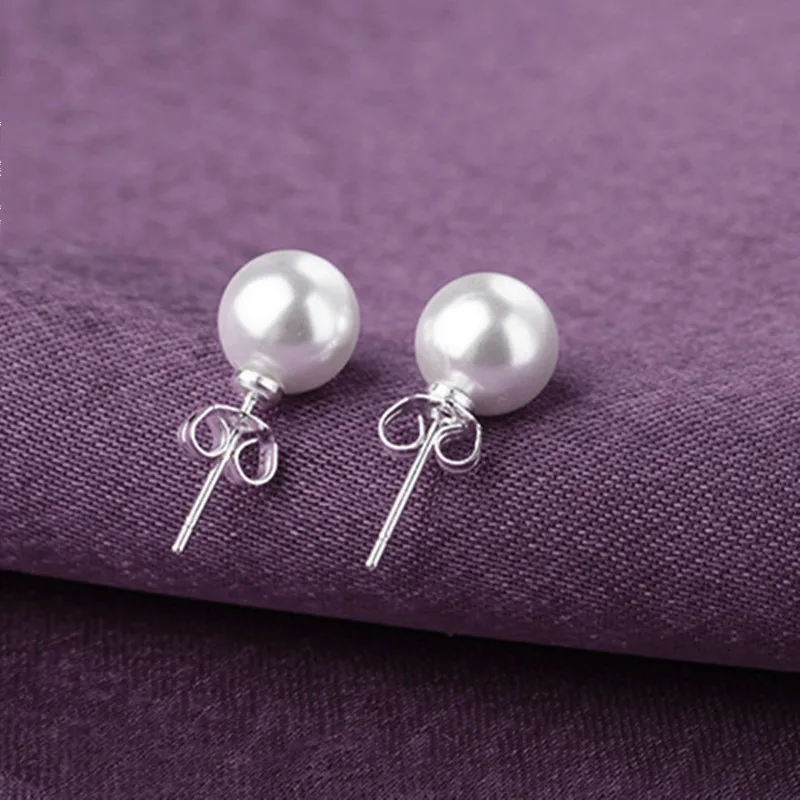 925 Silver Needle Pearl Earring Design Silver Prevent Allergy Stud Earrings Fashion Pearl White Ball Small Round Women\'s Jewelry