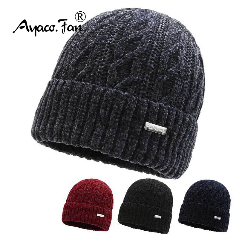 Winter Hats for Men Thicker Beanies Metal Stick Knitted Cap Autumn Cycling Beanie Women Fleece-lined Warmer Bonnet Solid Cap