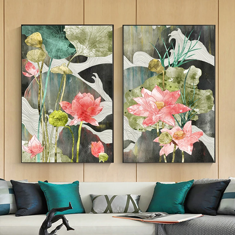 

Chinese Style Canvas Painting Lotus Pink Flower Green Leaf Lake View Poster Living Room Wall Art Poster Interior Decoration