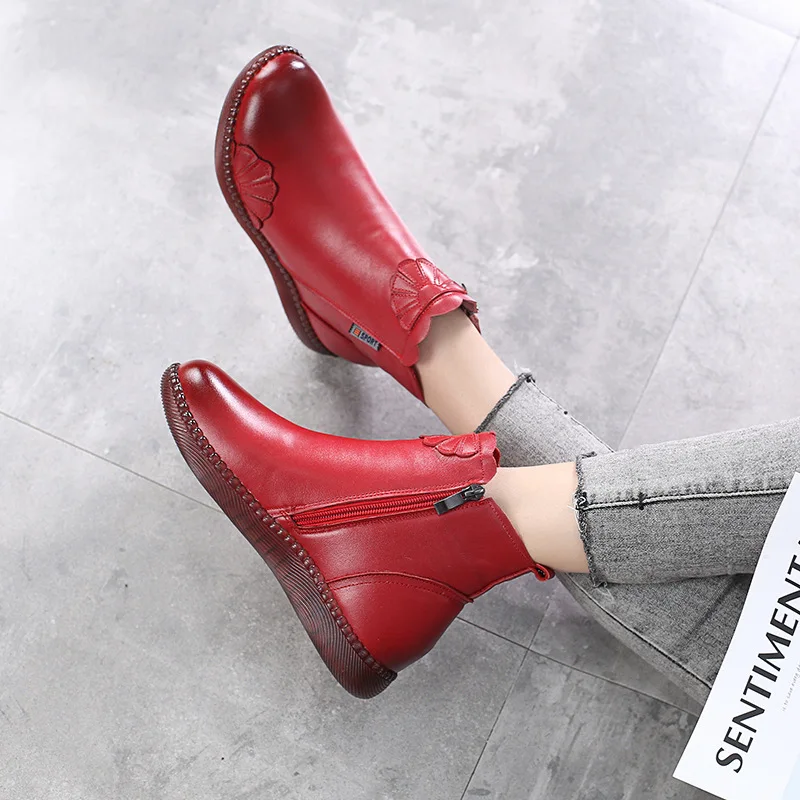 GKTINOO 2024 Winter Genuine Leather Ankle Boots Handmade Lady Soft Flat Shoes Comfortable Casual Moccasins Side Zip Ankle Boots