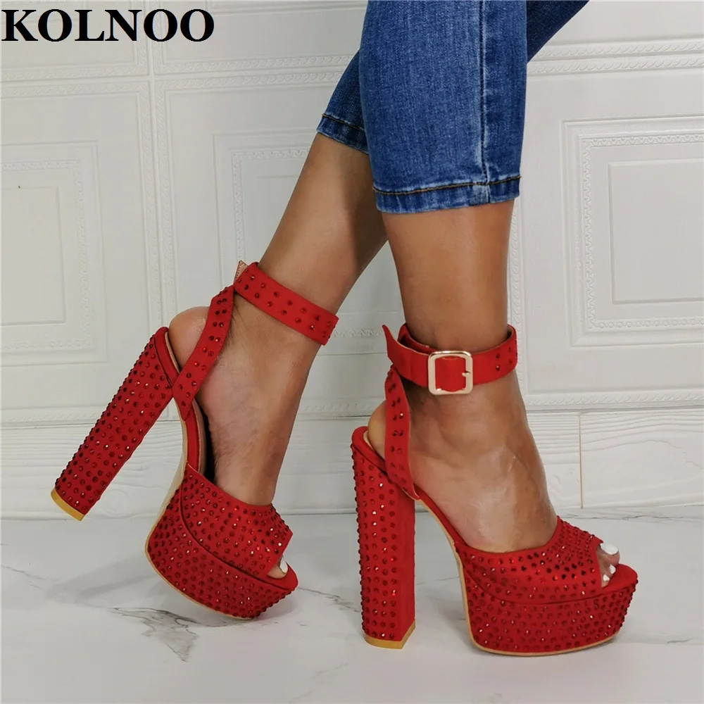 

Kolnoo New Style Handmade Womens Chunky Heels Sandals Rhinstones Peep-Toe Slingback Party Summer Shoes Fashion Eevning Shoes