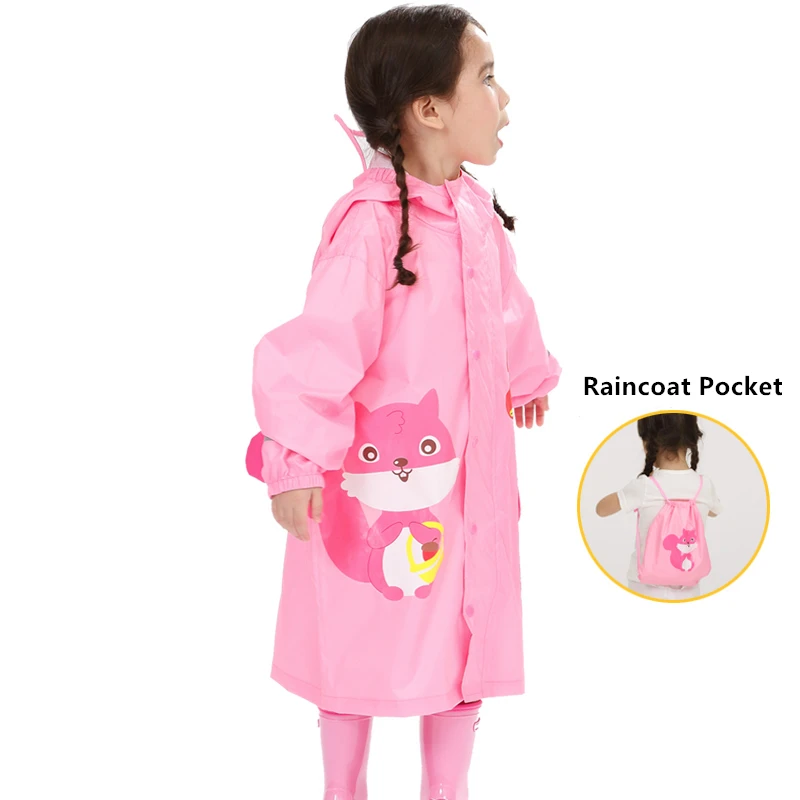 Cartoon Squirrel Children Raincoat Baby Windproof Poncho Boys Girls Rainwear Blue Dinosaur Student Tour Raincoat With Bag