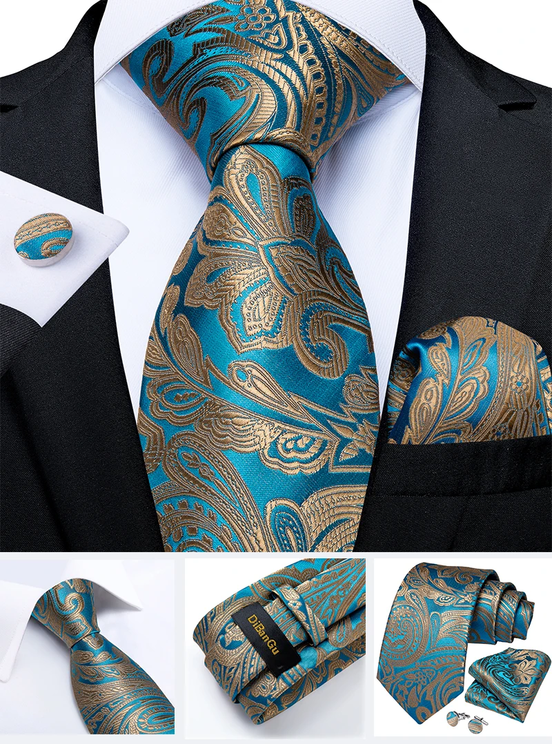 Modische Paisley-Herrenkrawatten in Gold, Türkisgrün, Schwarz, 8 cm, Business-Hochzeits-Accessoires, Krawatte, Geschenk für Männer, DiBanGu – Detail 19