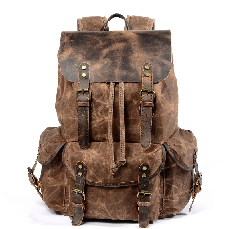 Wasserdicht Leinwand Rucksäcke Für Männer Leder Laptop Rucksack Retro Große Kapazität Reisetasche Trend Straße Junges Motorrad Daypacks