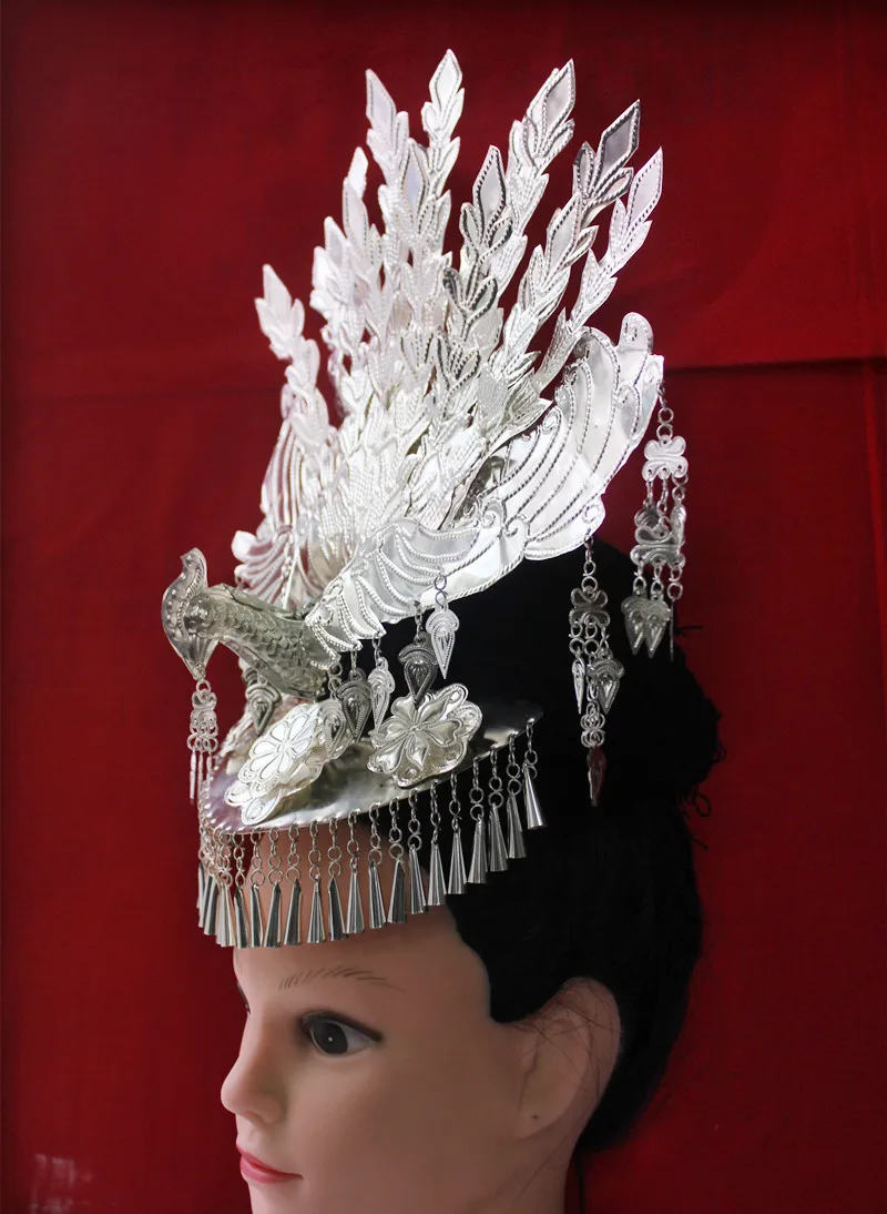 women's miao clothing silver head decoration hairpin miao hat minority peacock dance accessories minority cosplay head wear