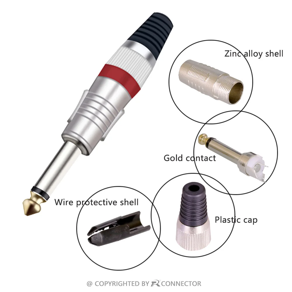 Mono sophomore core Jack 6.35mm with gold plated 7colors Audio Connector 6.35 mm Plug