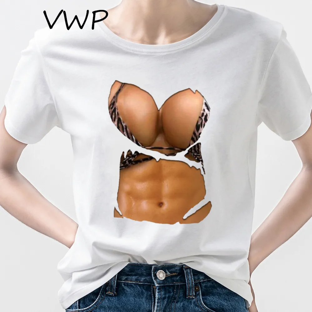 Big Boobs Stomach Women T-shirts Funny Print Punk Clothes Muscles Graphic Black Tees Aesthetic Y2k Tops Female T Shirt Camiseta