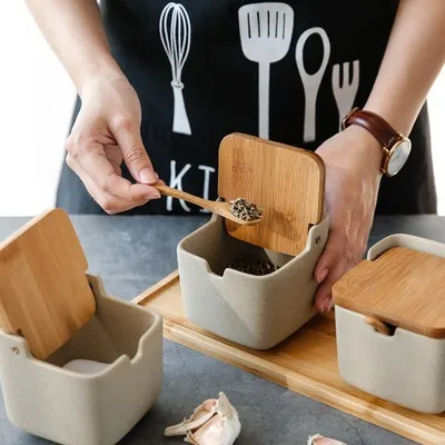 Japanese Style Creative Simple Bamboo Cover Ceramic Seasoning Pot Kitchen Seasoning Box Moisture-proof Salt Pot Three-piece Set