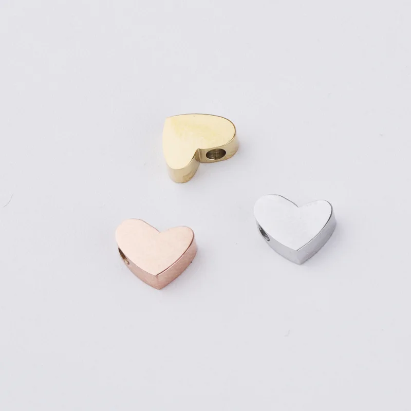 5Pcs/Lot Oblique Hole Heart Small Beads Mirror Polish Stainless Steel For DIY Making Necklaces Bracelets Jewelry 8*6.5mm