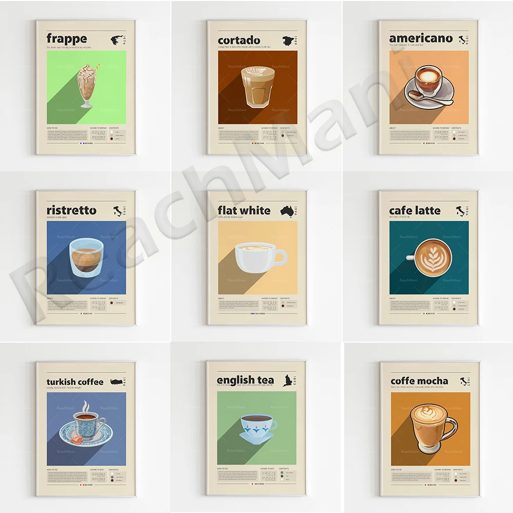 Cafe prints, smoothies, latte, Turkish coffee, espresso, English tea, coffee mocha, green tea, cafe poster, kitchen decoration