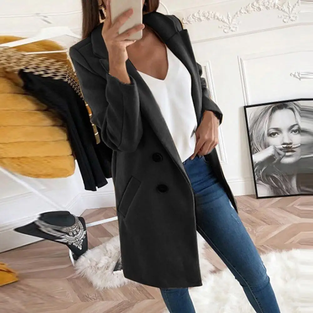 Fashion Women Jacket Autumn Winter Solid Color Lapel Overcoat Buttons Pockets Open Stitch Top Long Warm Keeping Coat Outerwear