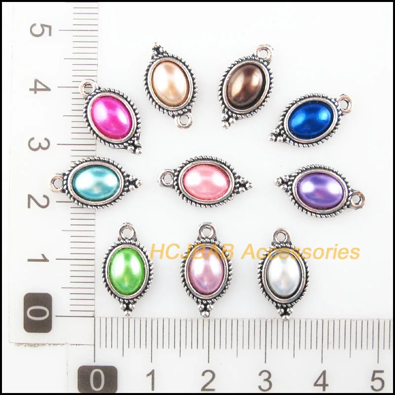 20Pcs Tibetan Silver Tone Retro Oval Flower Mixed Acrylic Charms Pendants 9x17mm