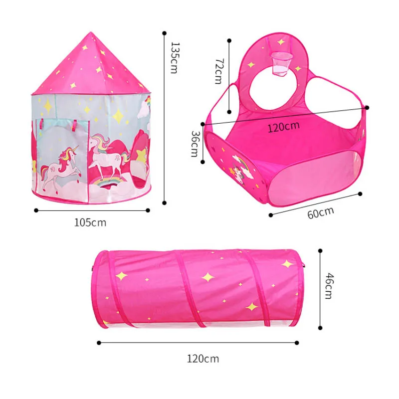 Kinderen Tent Eenhoorn Drie Stuk Playhouse Draagbare Tent Vouwen Meisje Indoor Oceaan Ballenbad Kids Outdoor Play Tent Baby gift