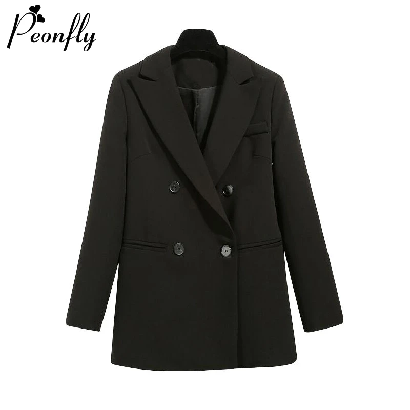 

PEONFLY Basic Women Black Blazer Fashion 2022 Spring Formal Office Lady Pocket Jackets Coat Loose Women Blazer Femme