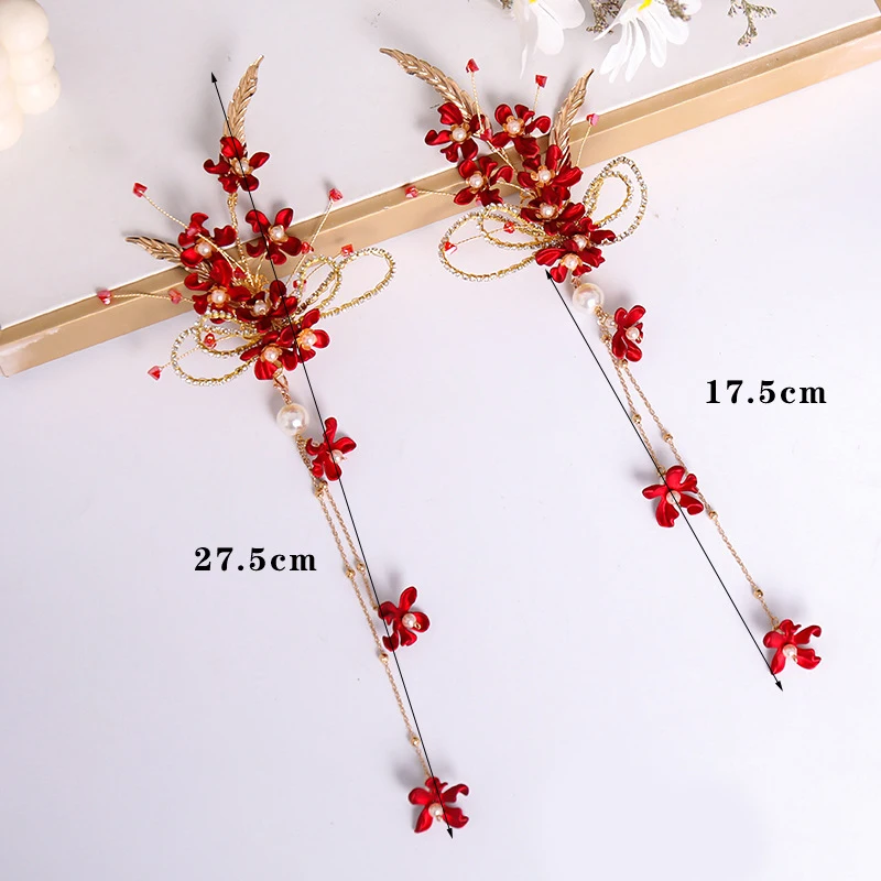 Red Flower Tassel Hairpin Chinese Traditional Style Side Hair Clip Girls Fairy Headdress Wedding Bride Hair Jewelry Wholasale