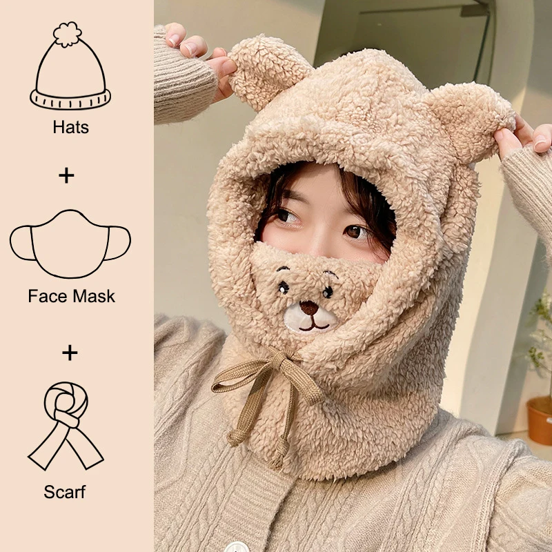 Cute Bear Scarves Hat 2021 Thick Warm Plush Velvet Beanie Hats For Girls Winter Women\'s Mask Scarf Hats Set Female Fashion Caps