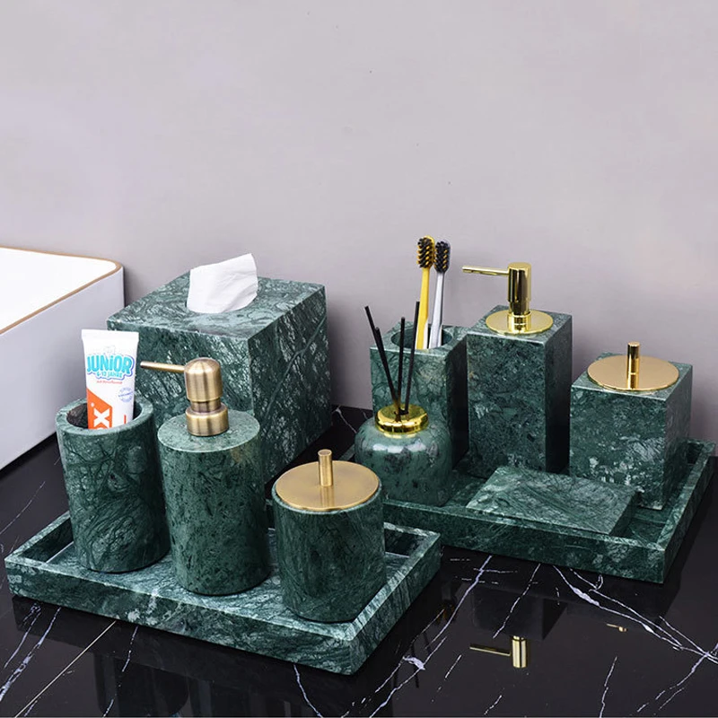 Dark Green Natural Marble Bathroom Set Nordic Style Light Luxury Tray Toothbrush Holder Soap Dispenser Kit Bathroom