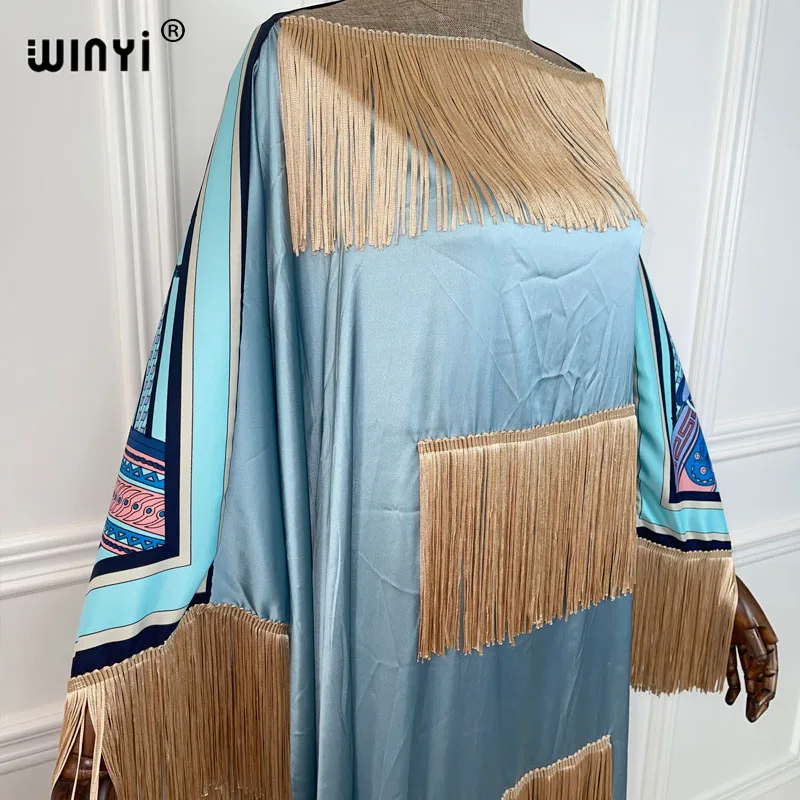 2021 WINYI abito boho africano colore matchi stampa boemia sciolto elegante musulmano Abaya Bazin Robe abiti Broder Riche nappe