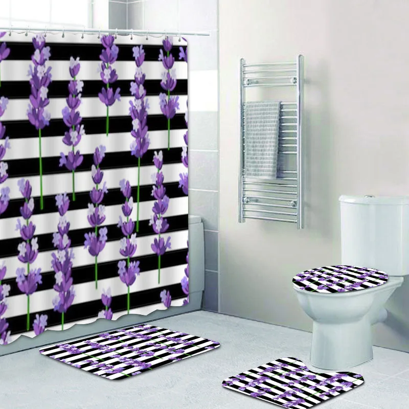 Rideau de douche à motif de fleurs de lavande violettes, à rayures noires, ensemble de rideaux de salle de bain, tapis de bain, tendance