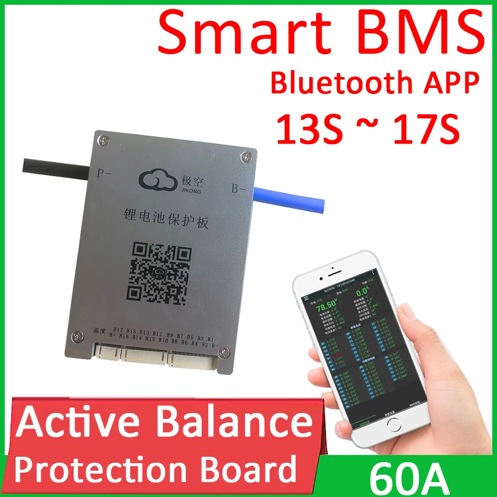 

13S ~ 17S Active Balance BMS lithium Battery Protection Board 60A Continuous current Smart Bluetooth APP Lifepo4 li-ion 14S 16S