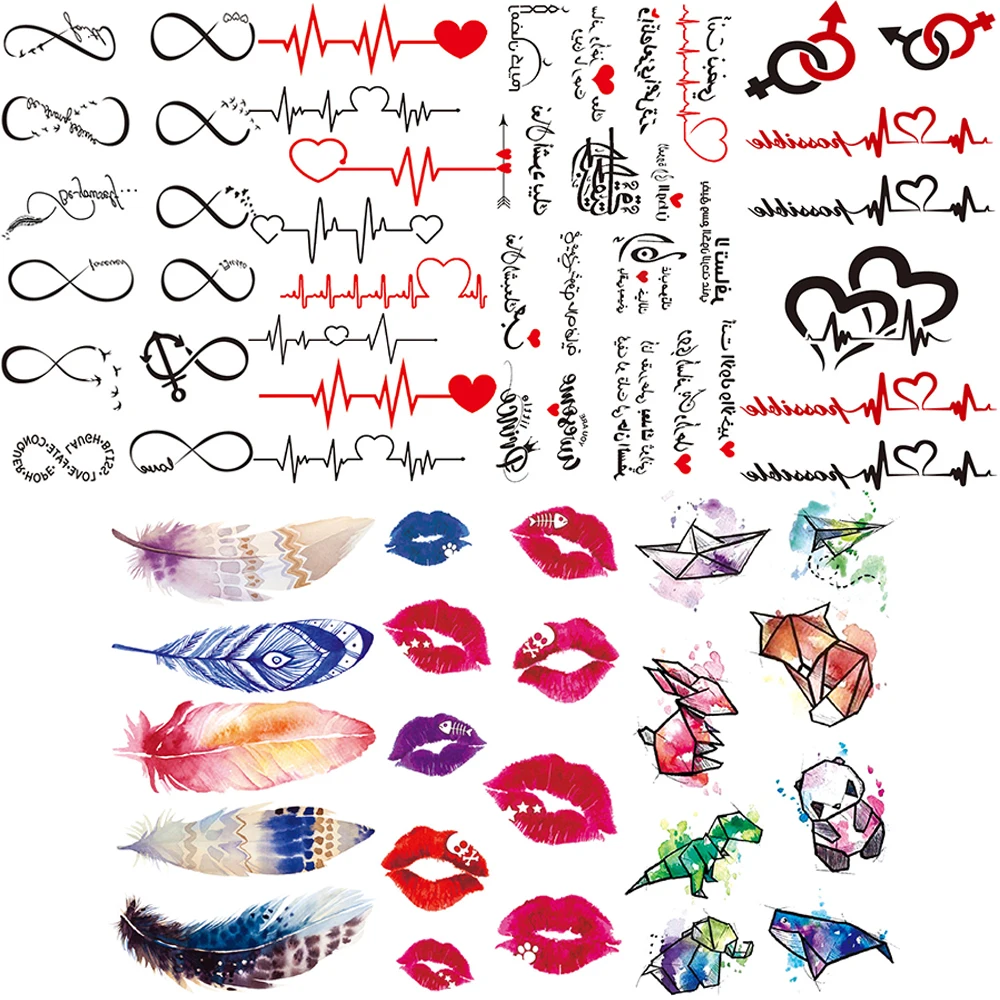 

Endless Temprorary Tattoo For kids Women Lips Feather Animal Tattoos Sticker Heart Body Ear Finger Waterproof Fake Tatoos Paper