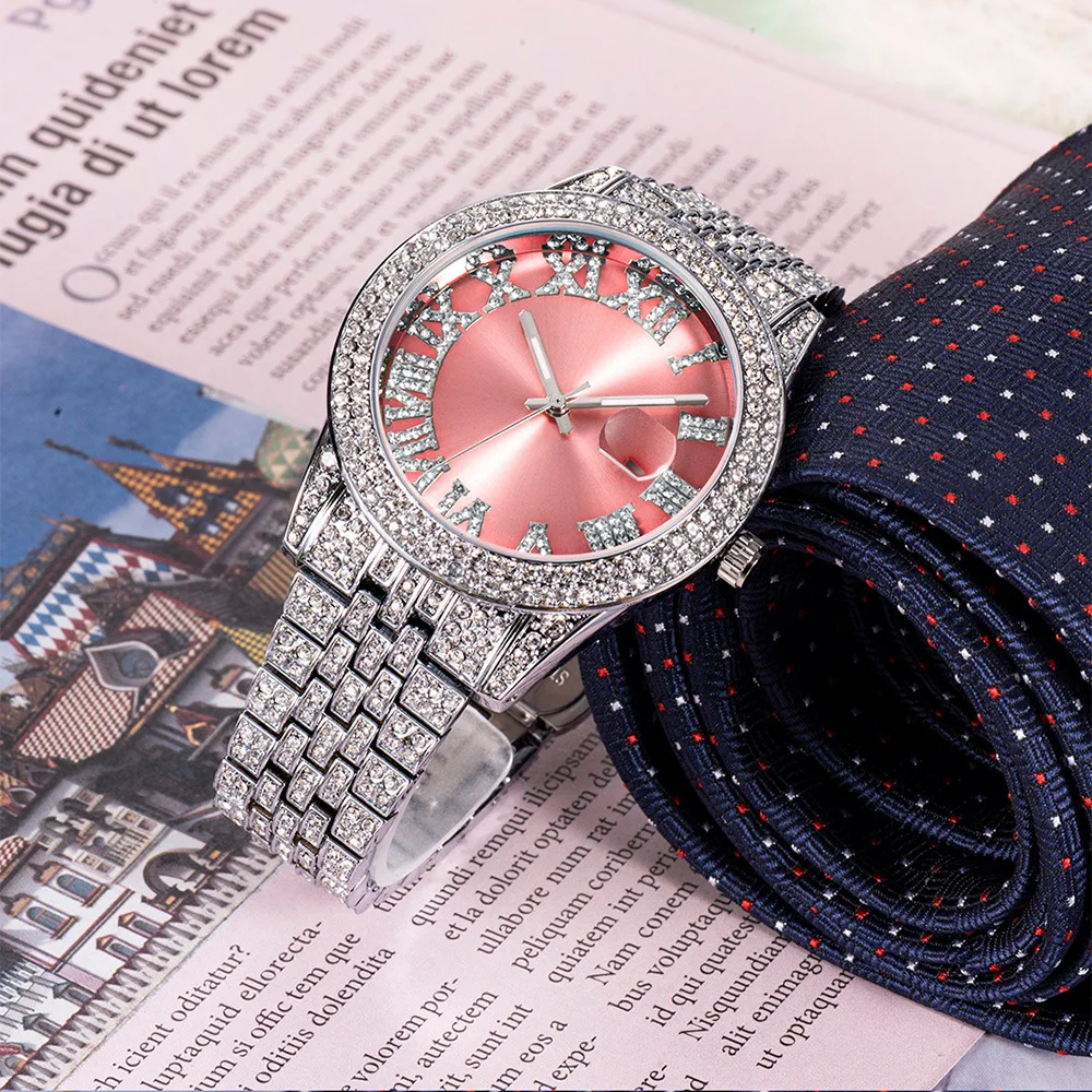 Esfera Rosa romana de lujo para hombres y mujeres, joyería de diamante completo, correa de acero inoxidable con calendario impermeable, reloj femenino