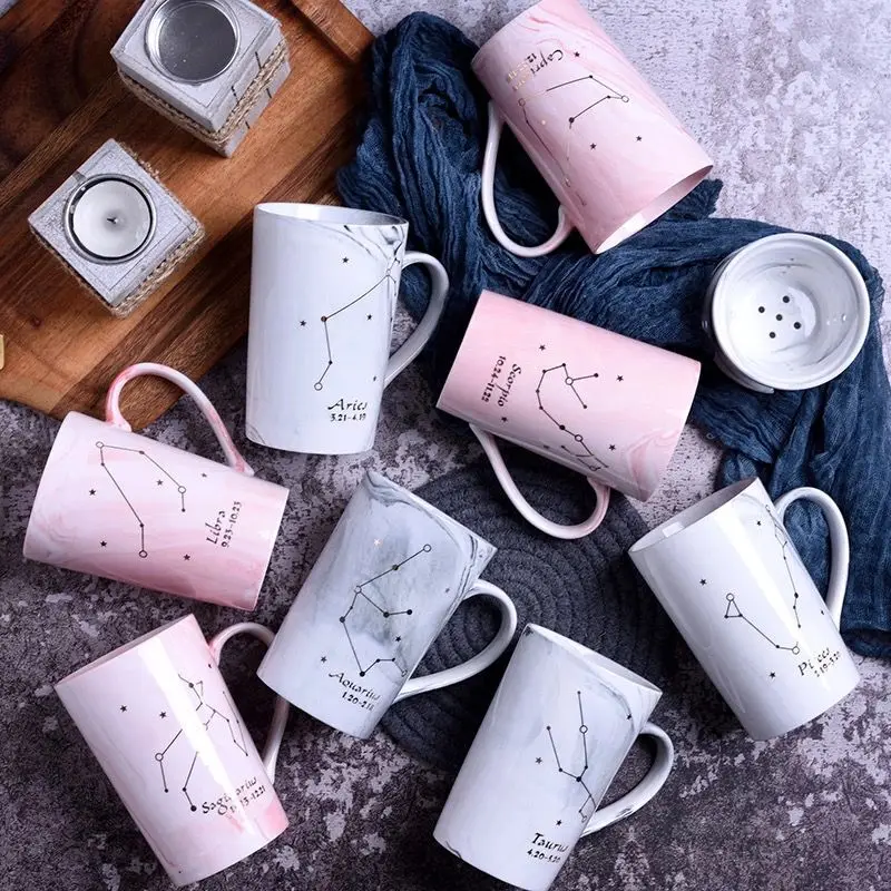 With Gift Box 12 Constellations Creative Ceramics Mugs with Spoon Lid White Porcelain Zodiac Milk Coffee Cup 400ML Water 1 set