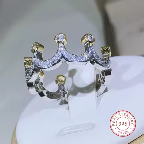 925 Sterling Silver High Quality Cent Gold Crown Zircon Ring For Ladies Party Engagement Fashion Jewelry Gift