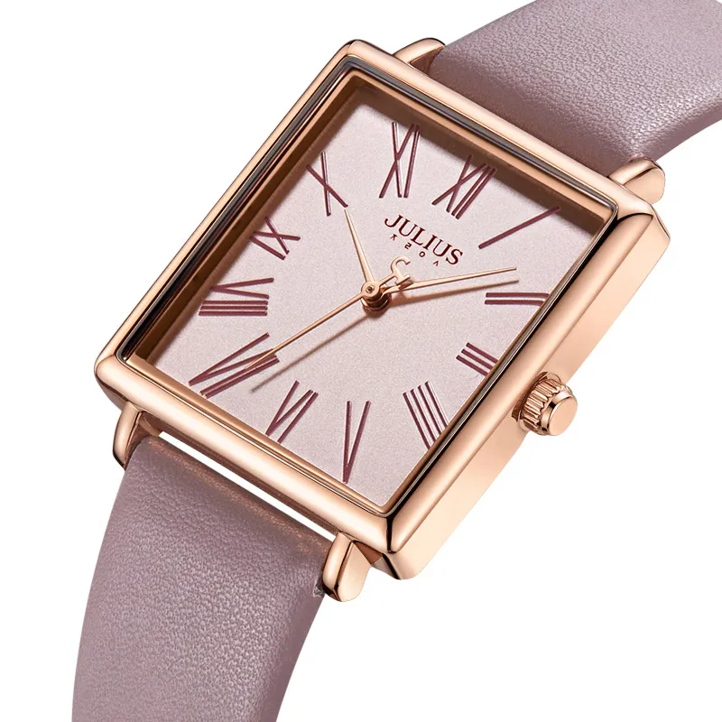 Julius Watch JA-1269 Women\'s Pink Square Watch Fashion Simplicity Casual Leather Band Watch