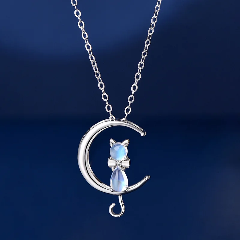 KOFSAC Exquisite Crystal Cute Moon Cat Pendant Girl Jewelry 925 Sterling Silver Necklaces For Women Valentine\'s Day Accessories