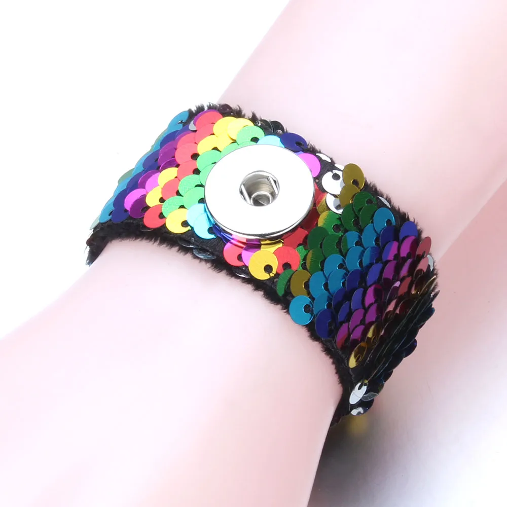 Newest Snap Jewelry 18mm Sequins Snap Button Bracelet Simple Cuff Snap Bracelets For Women Children Fun Gift