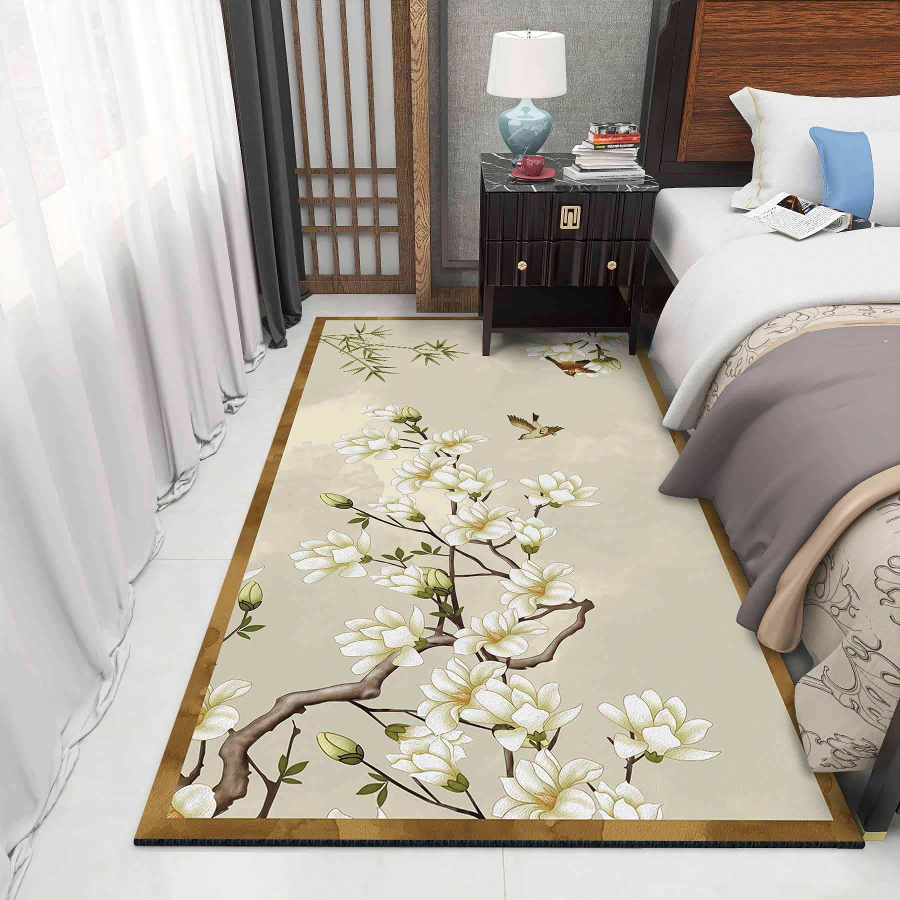 Chinese Floral Carpet Bedroom Long alfombra Hallway Rugs for Living Room Bedside Sofa Floor Mat Soft Fluffy Tatami Rug