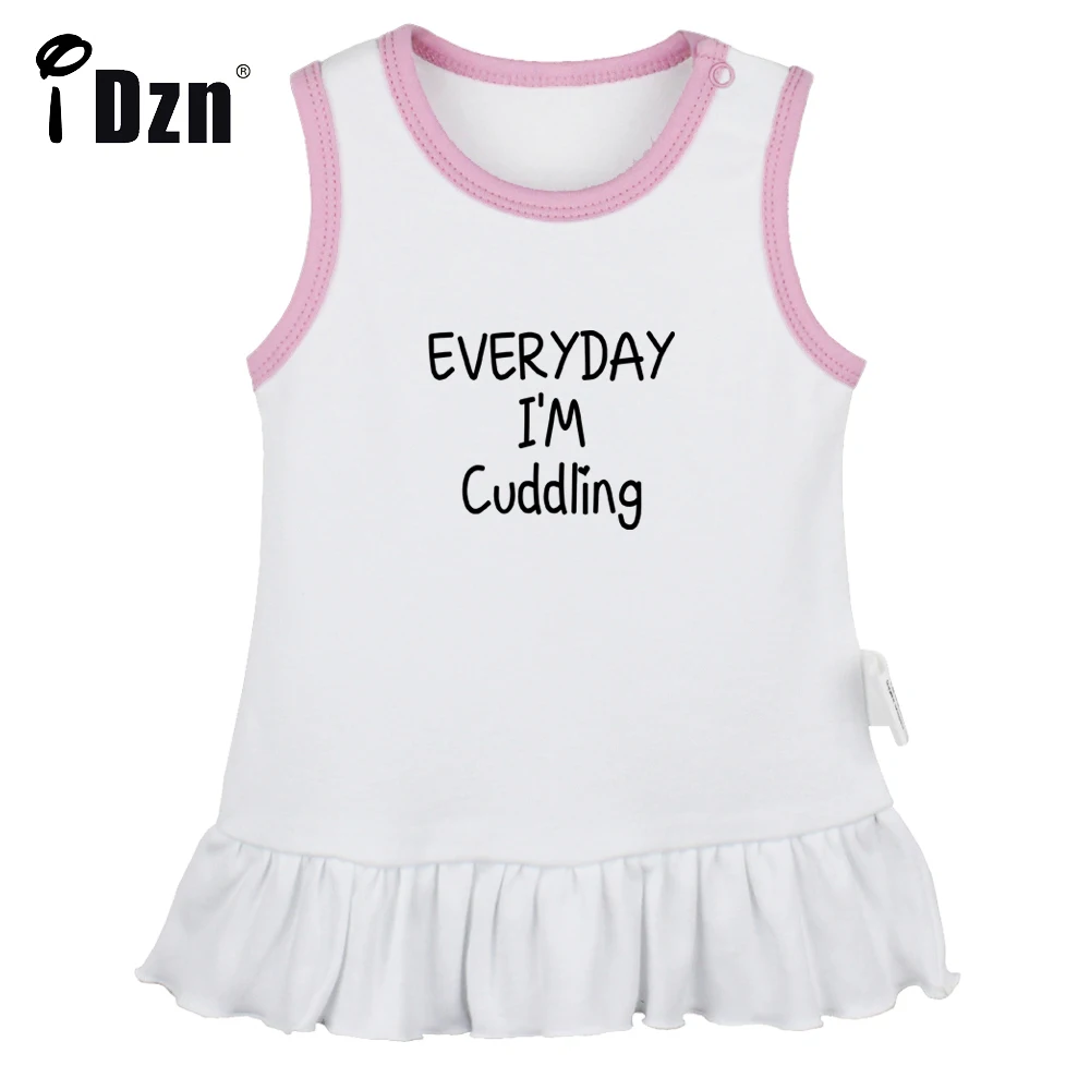 iDzn Everyday I'm Cuddling Fun Art Printed Baby Pleated Dress Cute Baby Girls Sleeveless Dress Infant Soft Cotton Vest Dresses