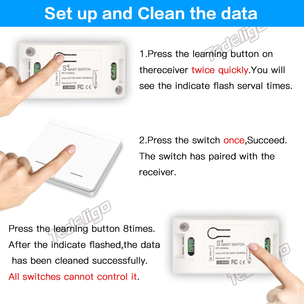 110V 220V Wireless Switch Rf 433MHz Remote Control Light Switch and Wall Panel Switch 10A Breaker Module for Home Lamp Fan LED image 3
