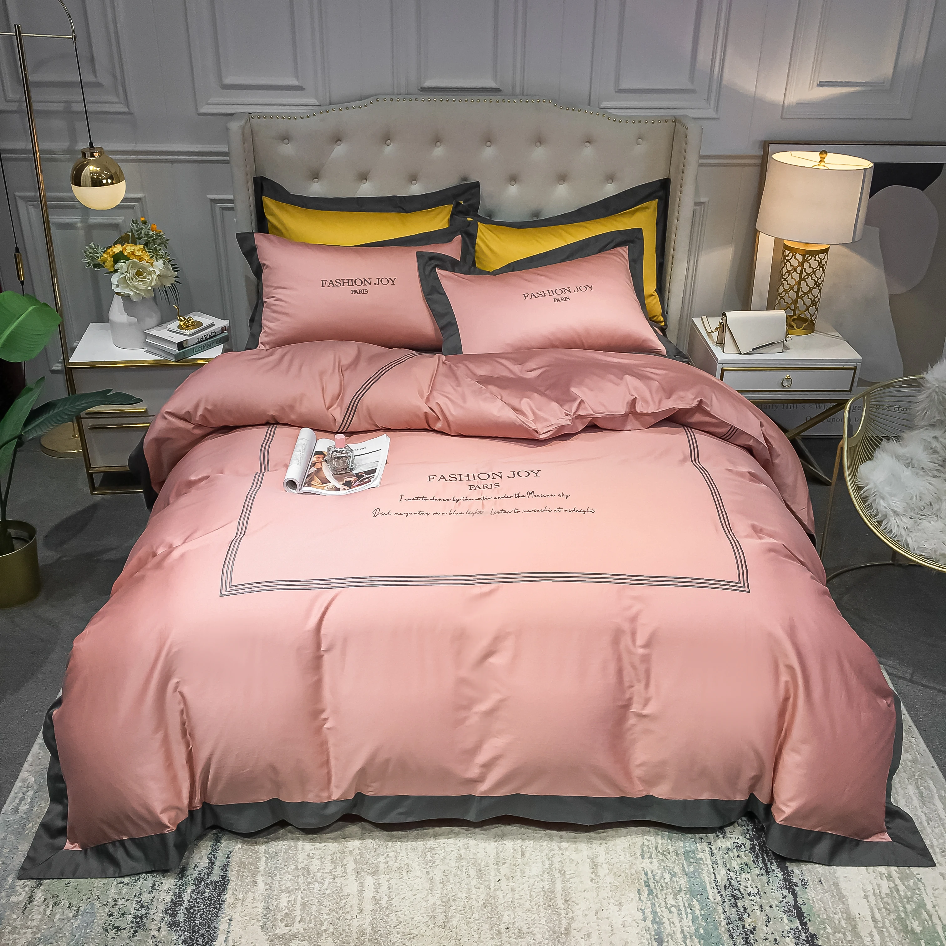 

2022 New Four-piece Bedding Long-staple Cotton Embroidered Double Household Bed Sheet Quilt Cover Light Luxury Style Pink Color