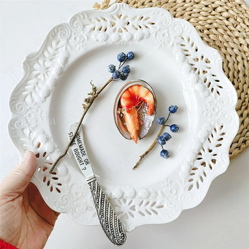 European Style Ceramics Plate Hollow Out Lace Fruit Salad Plates Dining Table Main Course Breakfast Cake Dish Kitchen Tableware