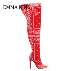 Bandana Prints Women Thigh High Boots Bad Girl Heels Over The Knee Boots Pointy Toe Silk Stiletto Botas Altas Mujer Size 35-44