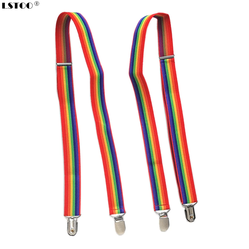 No Cross Suspender Women 2.5CM Wide Elastic Rainbow Striped Men Suspenders 4 Strong Clips on Adjustable Adult Kids Size