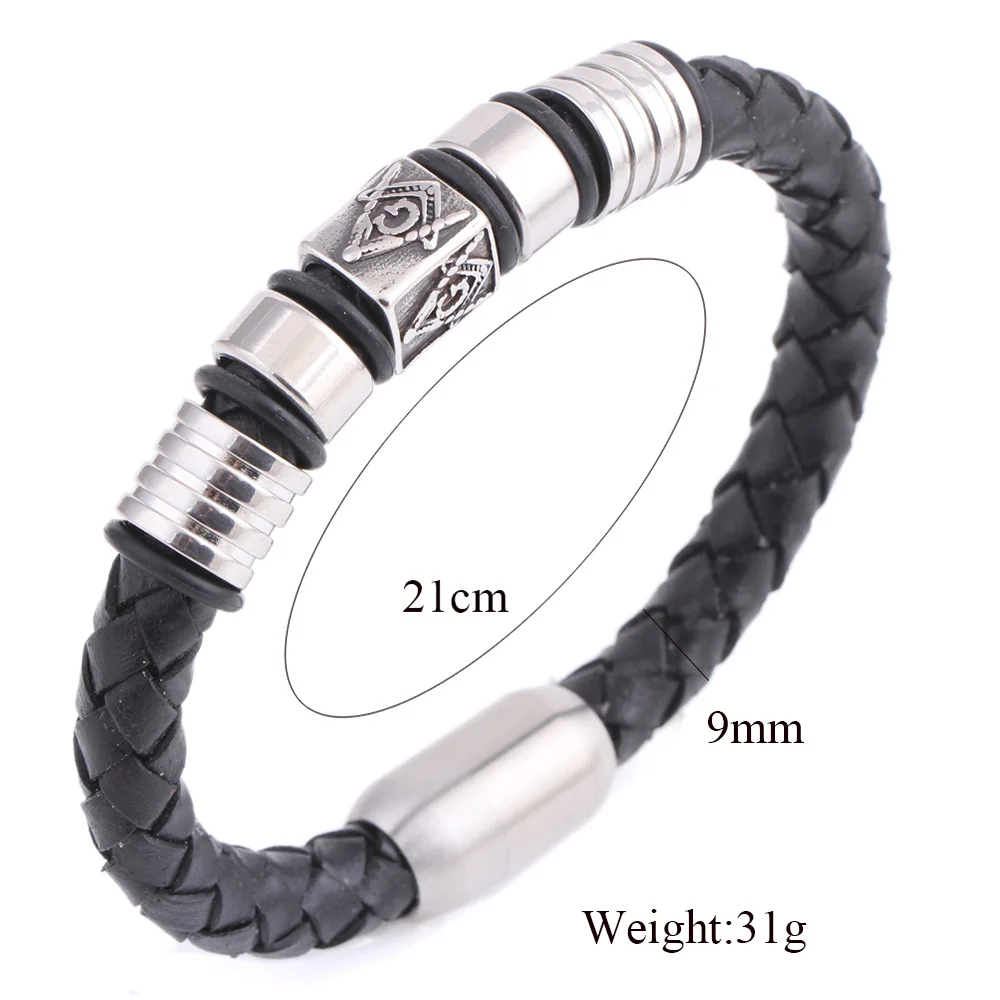 Men Jewelry Stainless Steel Black Leather Masonic Freemason Bracelet Braided Magnet Bangle