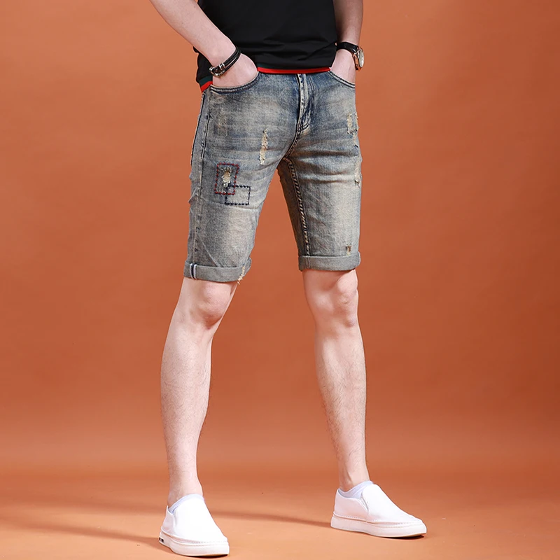 Men's Vintage Blue Ripped Short Jeans Fashion Geometric Embroidery Casual Streetwear Straight Denim Shorts