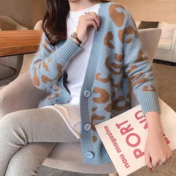 2023 Autumn Winter Knitted Leopard Sweaters Women Korean V Neck Thick Print Cardigan Coat Loose Button Outwear Tops