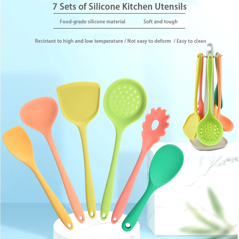 

7PCS Silicone Kitchen Utensils Set With Storage Rack Spaghetti Shovel Colander Filter Tools Gadgets Non Stick Cooking Spoon Set