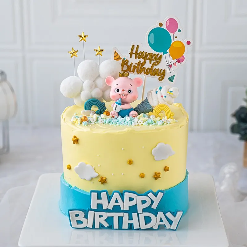 

Pink Pig Children's Day Cute Baby Bottle Rat Boy Kid GifT Cake Topper Decoration Girl First Happy Birthday Party Baking Dress Up