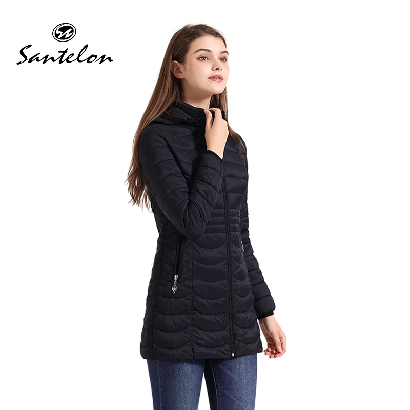 SANTELON Winter Women Soild Long Warm Parka With Detachable Hood Female Outdoor Padded Cotton Coat Ultralight Outwear Clothing