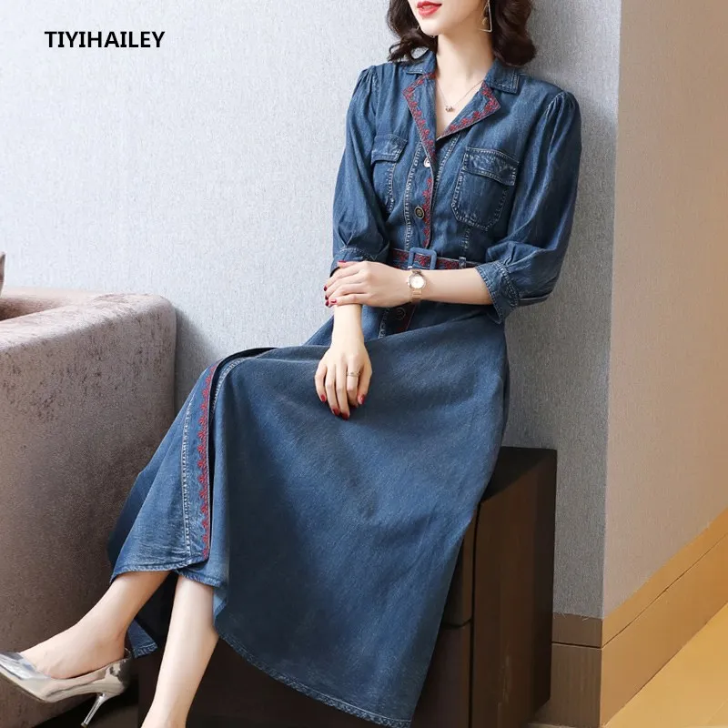 

TIYIHAILEY Three Quarter Sleeve Long Mid-calf Denim Dress Women Vintage Embroidery Dress With Belt M-3XL 2025 New Ladies