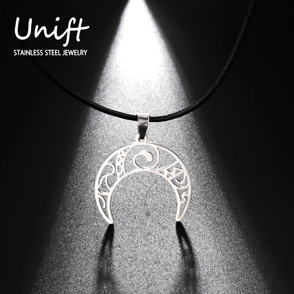 Unift Crescent Moon Necklace Stainless Steel Pendant Choker Black Leather Chain Wicca Amulet Punk Rune Occult Jewelry for Women