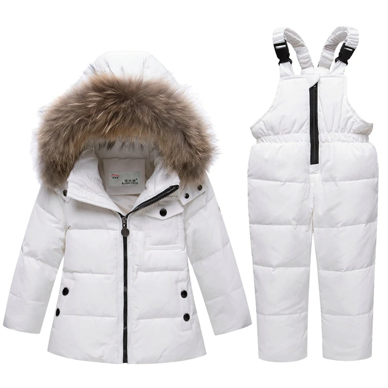 New Winter Boy Girl Ski suit Baby Winter Warm Clothes Sets  Snowsuit Children Fur Hooded Down Jacket Coat 5 Colors