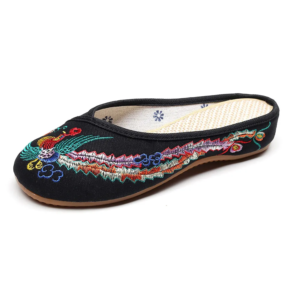 Veowalk Phoenix Embroidered Women Cotton Close Toe Flat Slippers Comfortable Summer Slides Handmade Retro Ladies Summer Shoes