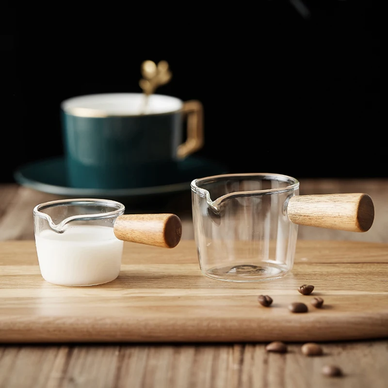 Mini Glass Milk Cup Small Coffee Cup Milk Pitcher Creamer Jug Wood Handle Espresso Shot Glass Kitchen Sauce Cup Gravy Boat