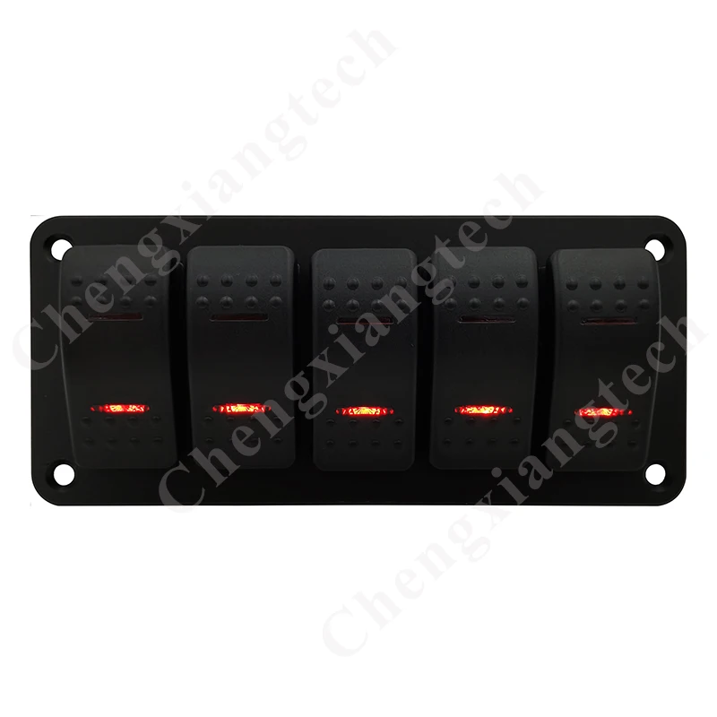 Pre-wired 5 Gang Rocker Switch Panel Sticker 12v 24v SPST Toggle Switch Car Boat Yatch Aluminum Panel IP65 Red Led Rocker Switch